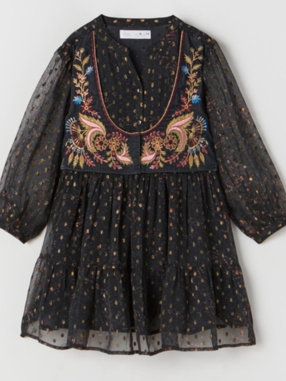 Zara Black Sheer Embroidered Floral Peasant Dress boho special occasion